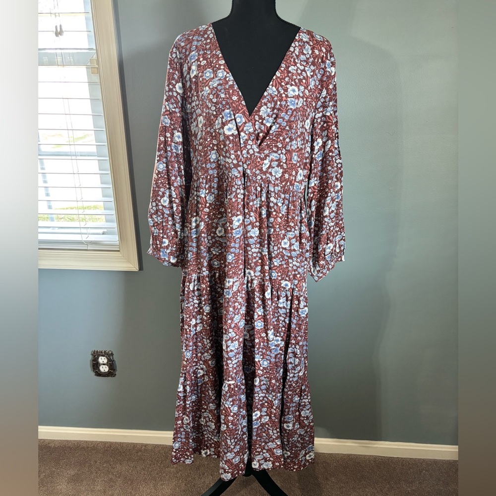 Madewell Rust Floral V-Neck Tiered Maxi Dress with Blue Floral Accents